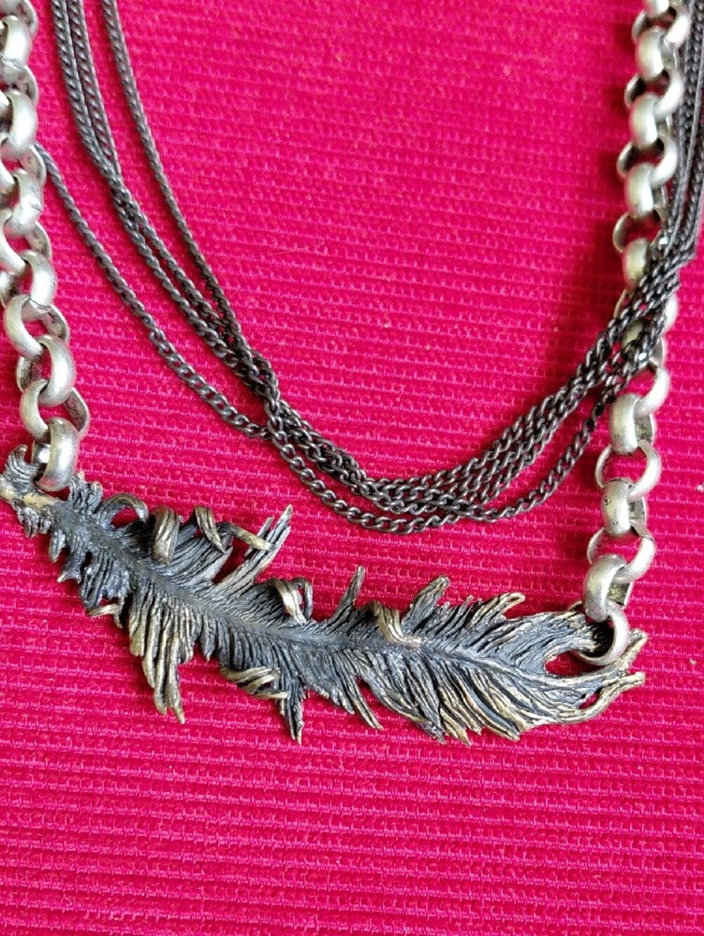 Bronze Feather Pendant Multi-Strand Necklace in Antique Silver and Gunmetal - Picture 6 of 8